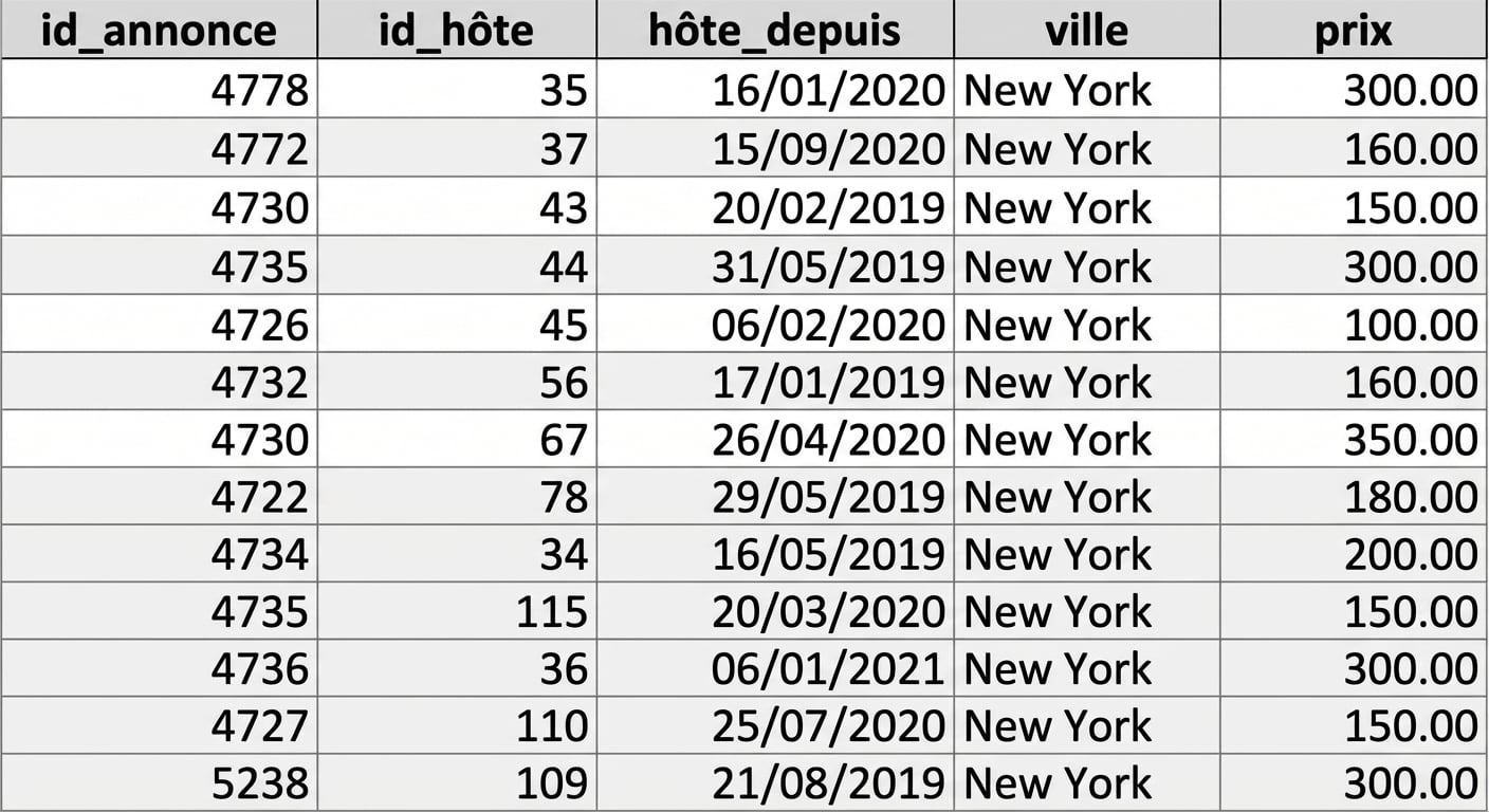 Image du jeu de données Airbnb avec cinq colonnes : listing_id, host_id, host_since (colonne de date), city et price.