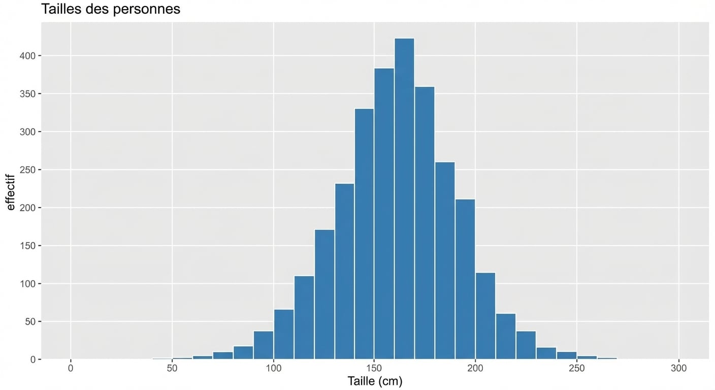 Un histogramme des tailles, avec les tailles en abscisse et le nombre d’observations en ordonnée. Plus étroit, presque en flèche, car l’écart type est faible.