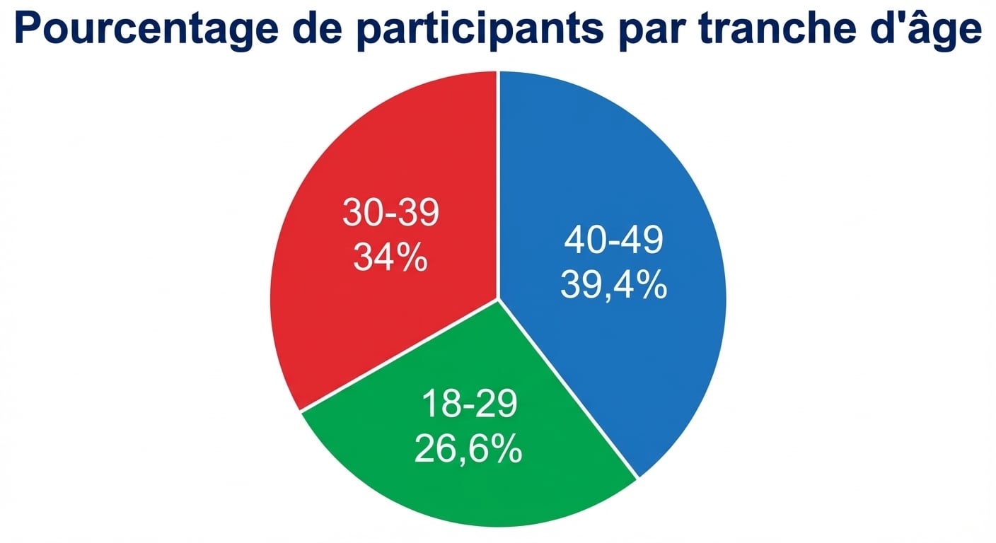 Un diagramme circulaire montrant le pourcentage de participants dans trois tranches d’âge — « 18-29 », « 30-39 » et « 40-49 ». Cette dernière a le pourcentage le plus élevé, 39,4 %.