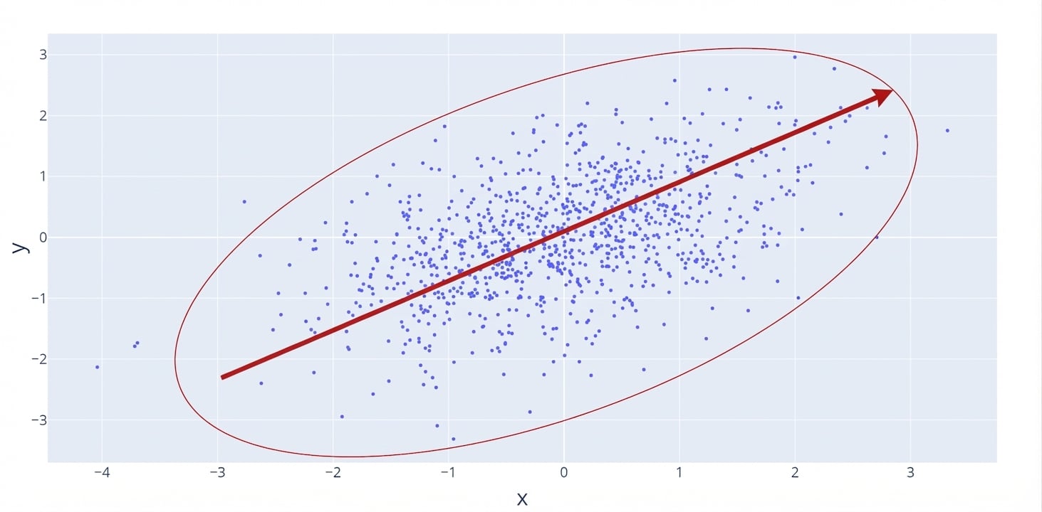 Un nuage de points avec une ligne rouge montrant une relation positive croissante. Un cercle rouge montre des points plus dispersés et donc une relation faible.
