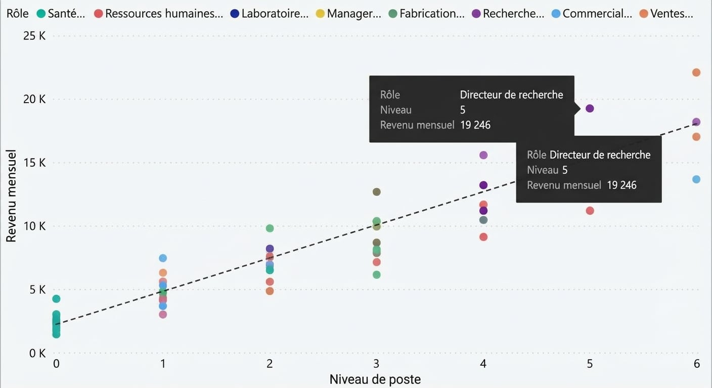 Nuage de points : niveau de poste (axe x) vs revenu mensuel (axe y). Points colorés par rôle. La tendance a une pente croissante.