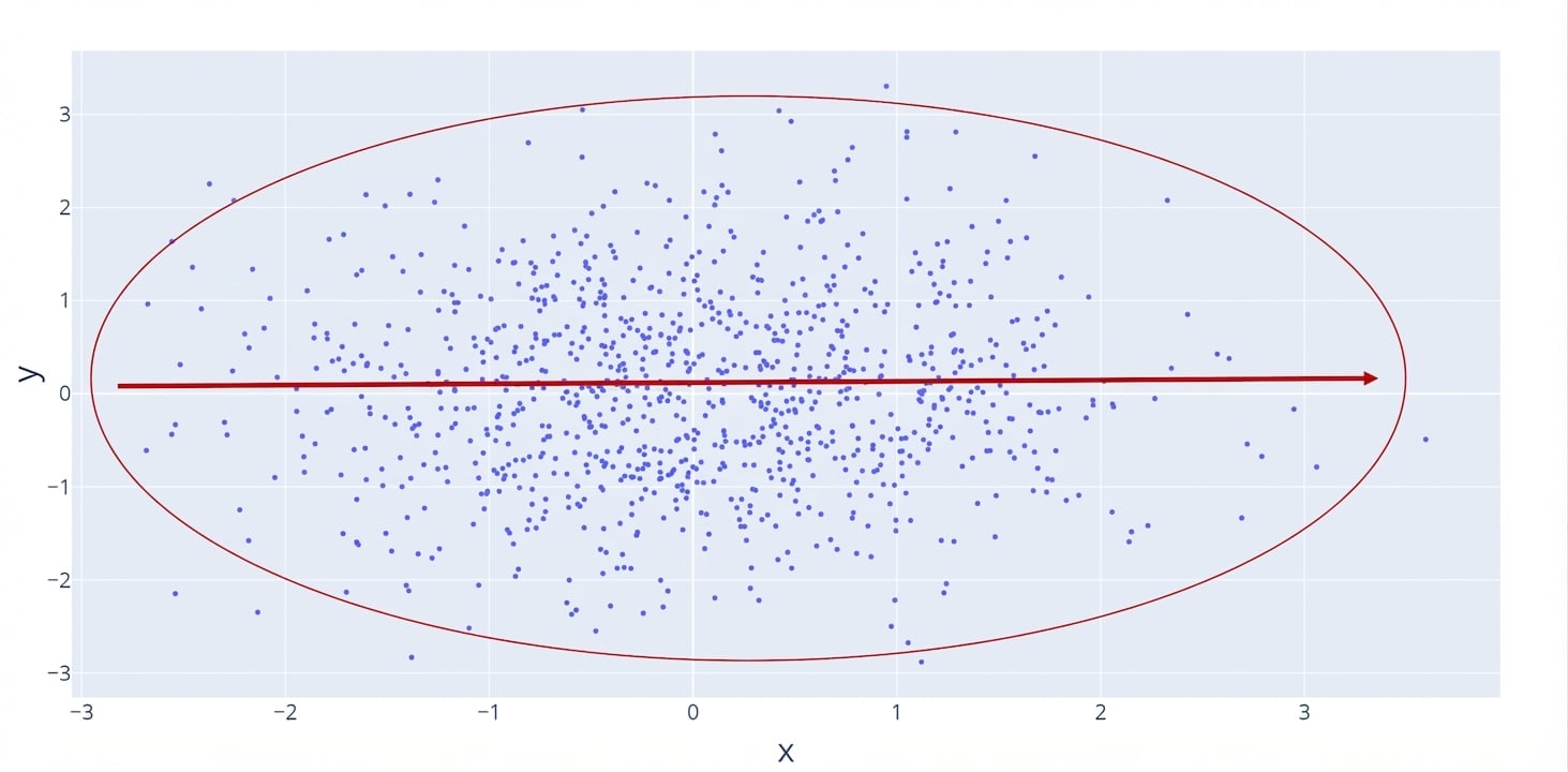 Un nuage de points avec une ligne rouge plate indiquant l’absence de relation. Un cercle rouge montre des points plus dispersés et donc une relation faible.