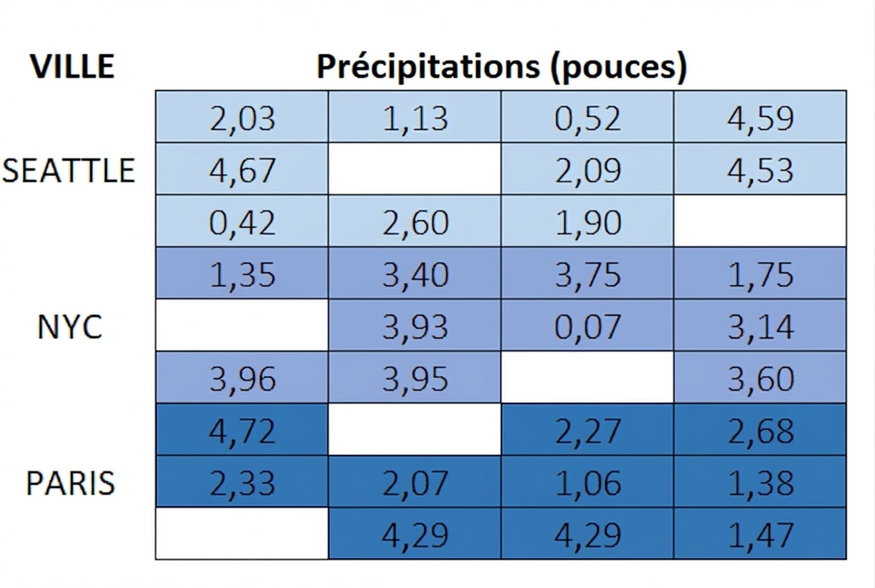 Une matrice 9×4 avec des ensembles de trois lignes groupées pour trois villes : Seattle, New York et Paris. Les cellules indiquent des pouces de pluie dans 30 cases et 6 sont vides de façon aléatoire dans les trois groupes.