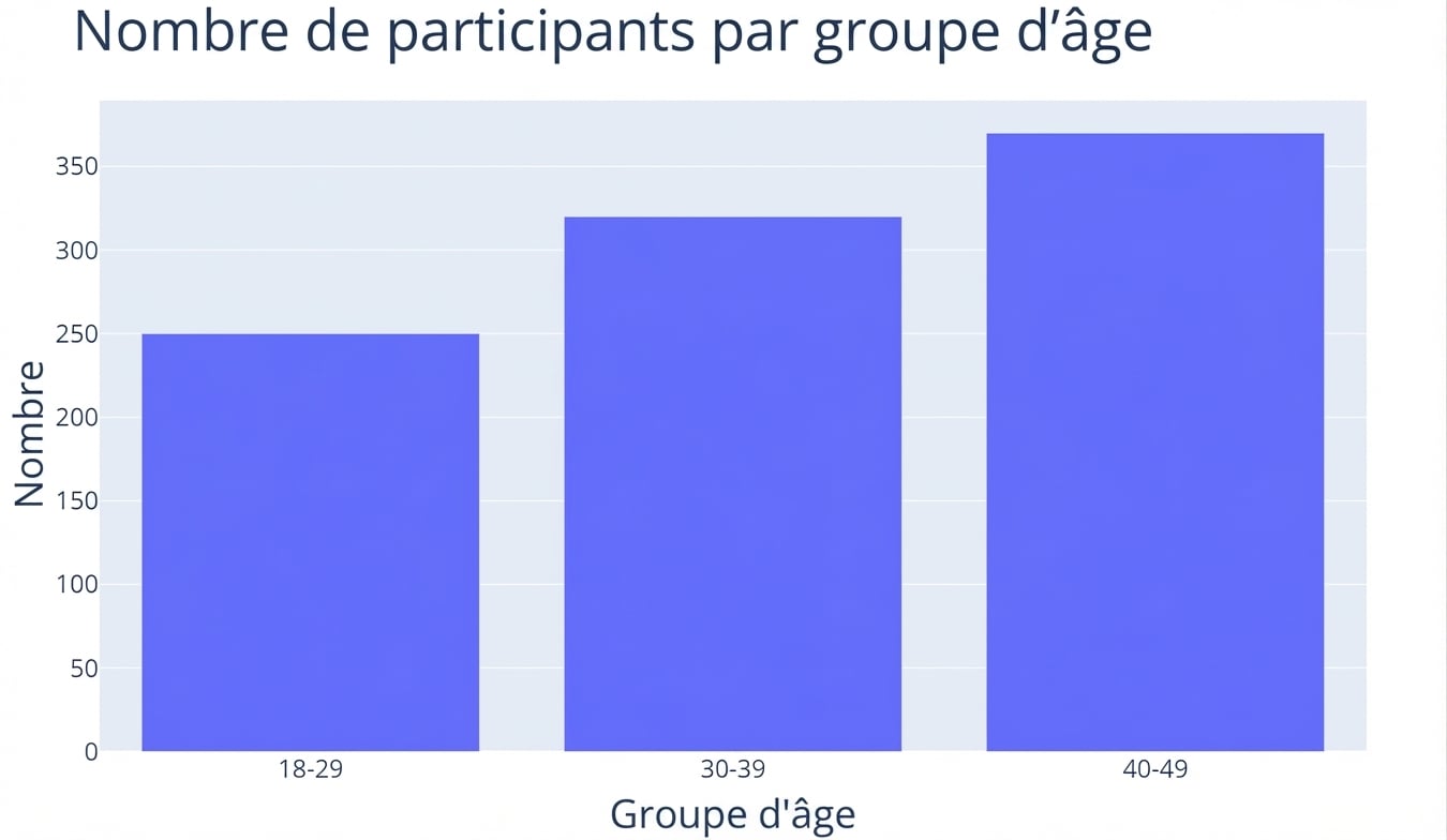 Un histogramme en barres du nombre de participants (axe des y) pour trois tranches d’âge (axe des x) : « 18-29 », « 30-39 » et « 40-49 », cette dernière ayant le plus de participants.