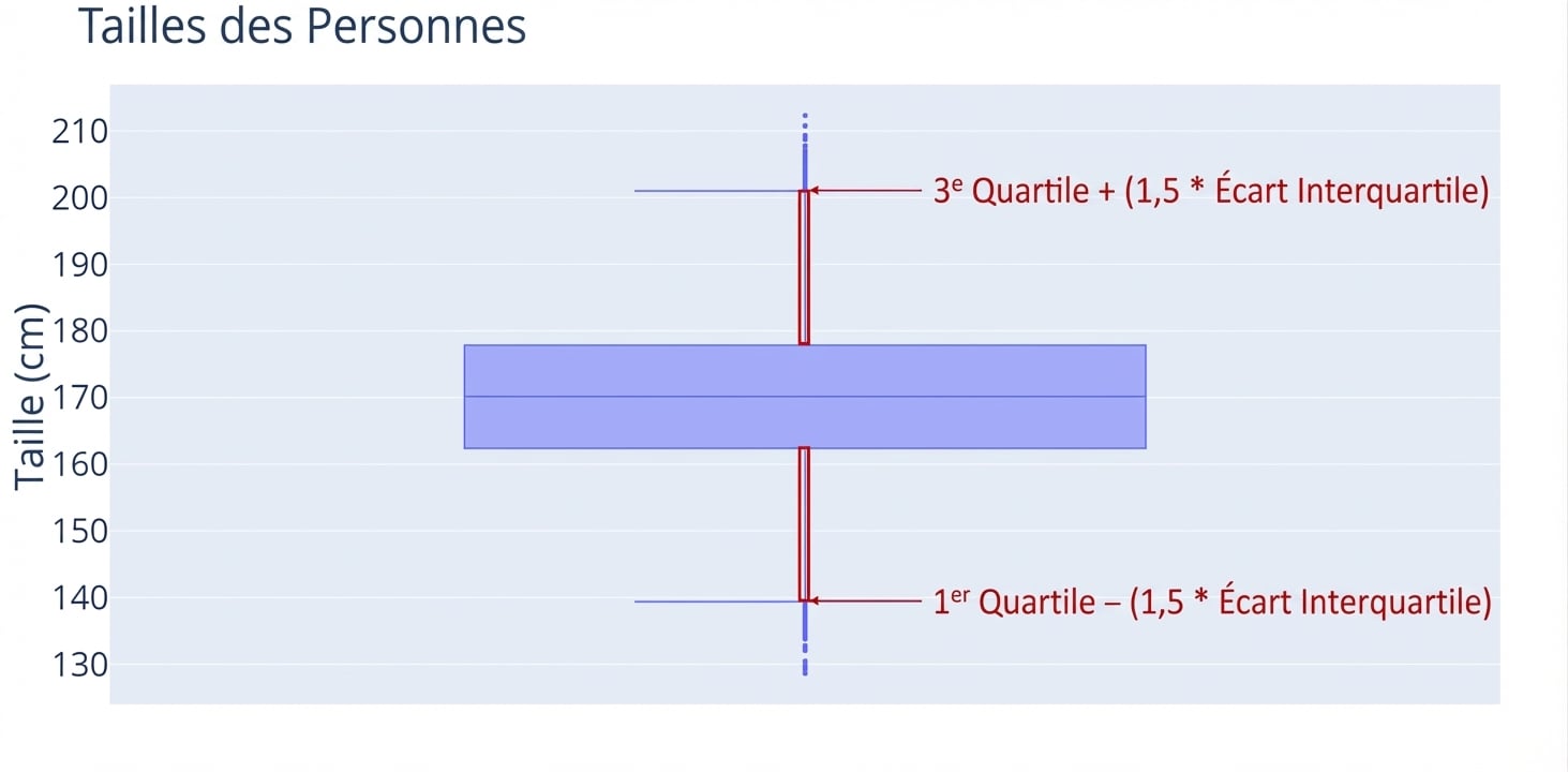 Un boîte à moustaches des tailles de personnes. Les tailles, en centimètres, sont sur l’axe des y. Un contour rouge entoure les moustaches verticales en haut et en bas de la boîte.
