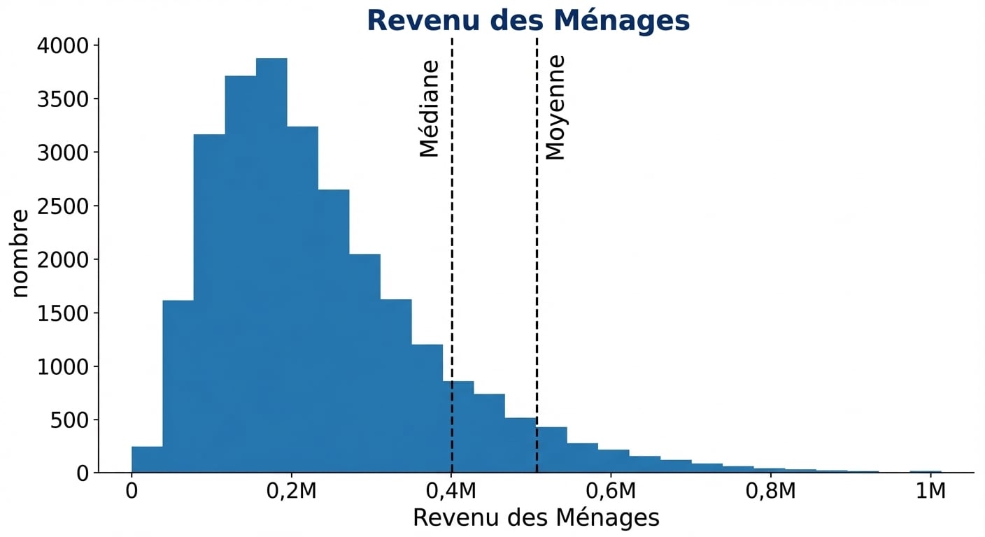 Un histogramme des revenus des ménages, avec les valeurs de revenu en abscisse et le nombre d’observations en ordonnée. L’histogramme est large à gauche et se rétrécit vers la droite.