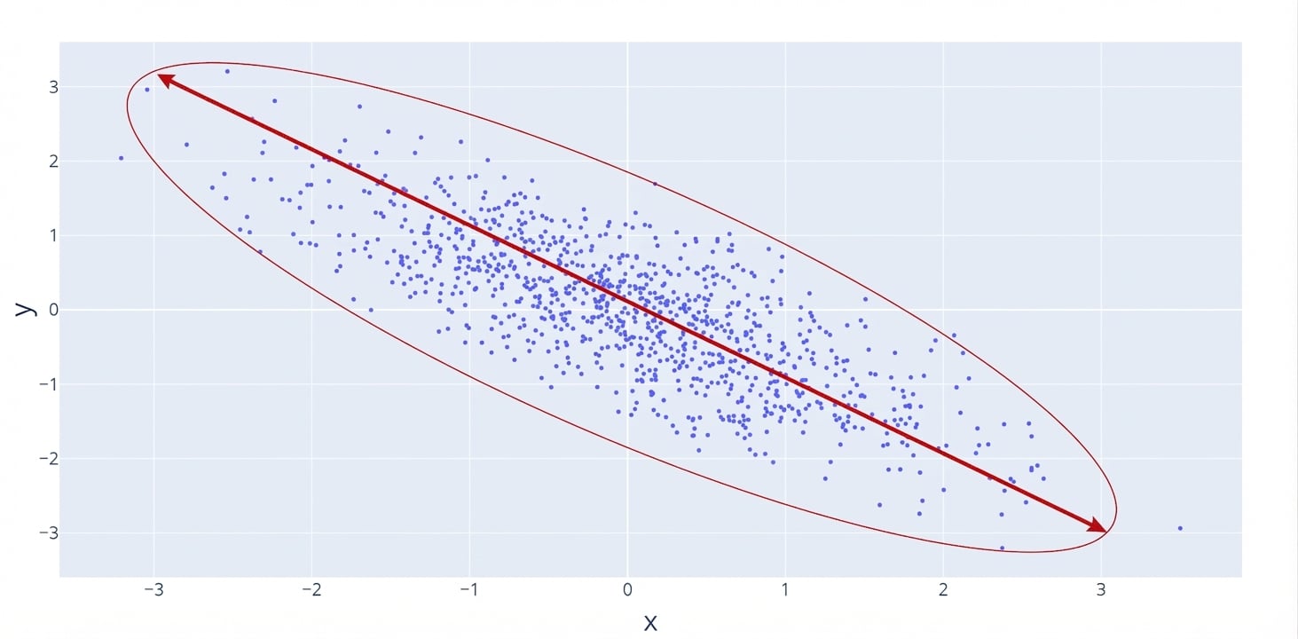 Un nuage de points avec une ligne rouge montrant une relation négative décroissante. Un cercle rouge met en évidence des points étroitement regroupés.