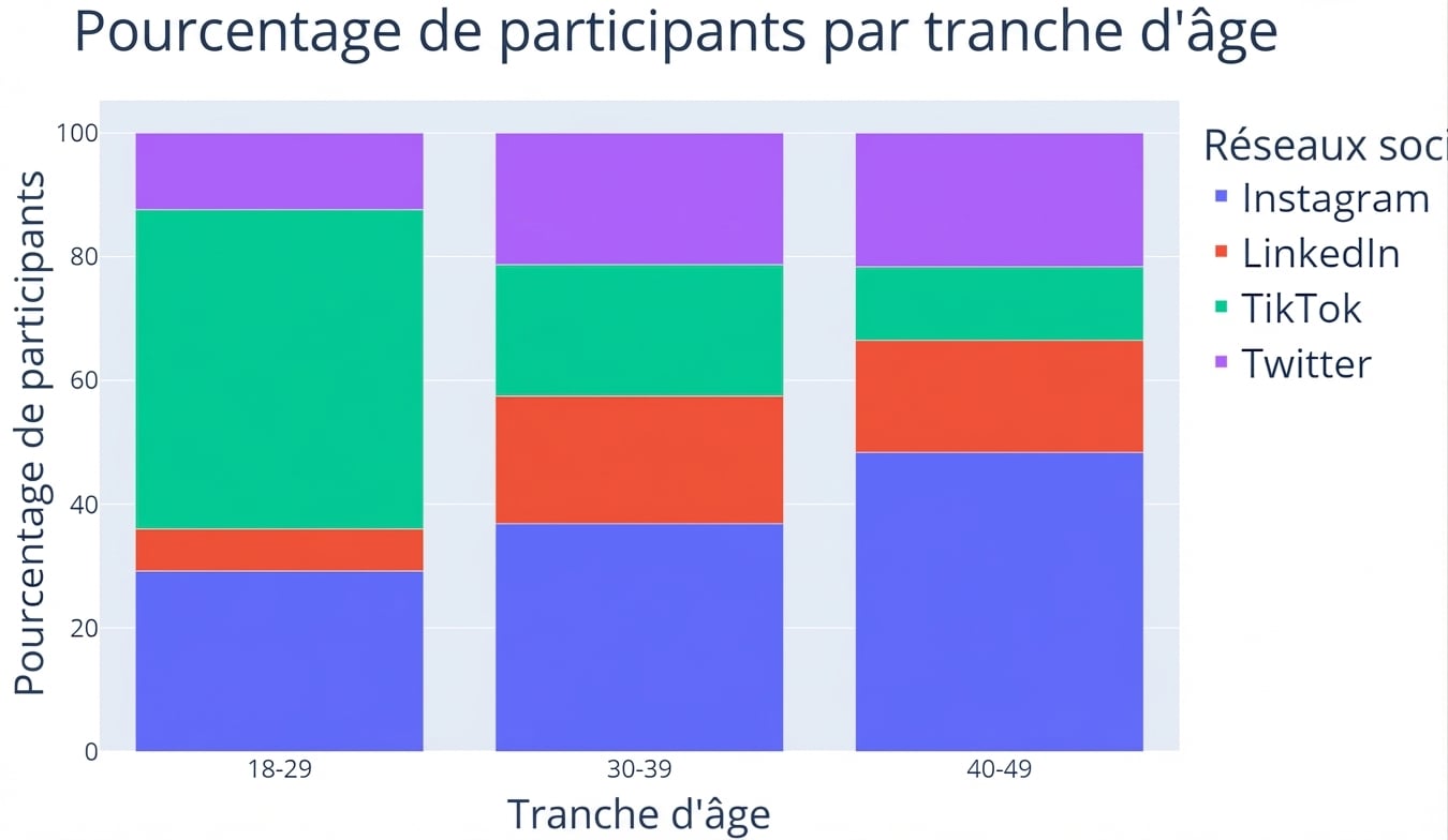 Un histogramme en barres empilées à 100 %. Trois tranches d’âge sur l’axe des x : « 18-29 », « 30-39 », « 40-49 ». Pourcentage de participants sur l’axe des y. Chaque barre est ventilée par la part sur quatre réseaux sociaux : Instagram, LinkedIn, TikTok et Twitter.