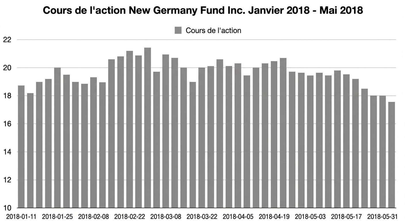 Un histogramme/diagramme en barres affichant le cours du New Germany Fund de juin 2014 à mai 2018.