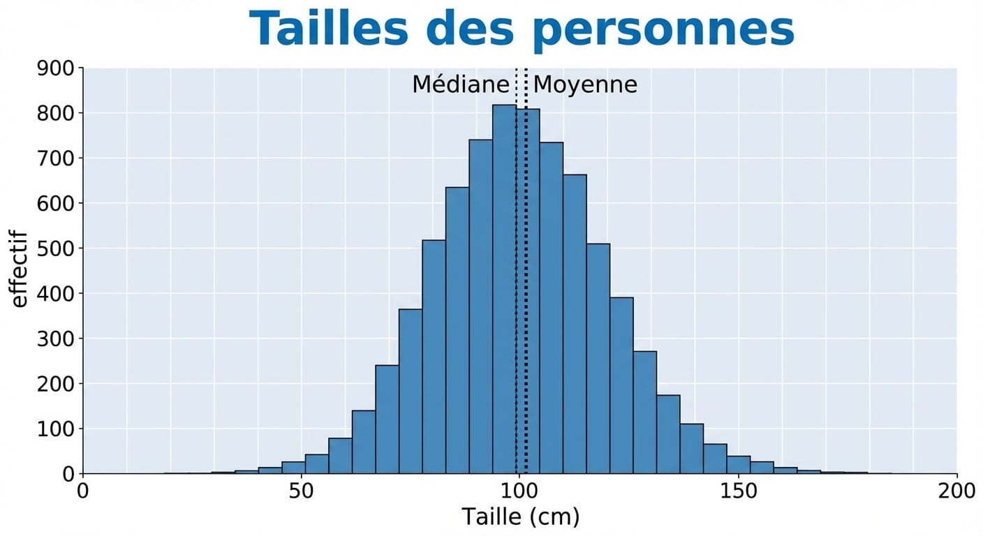 Un histogramme des tailles de personnes, avec les valeurs de taille en abscisse et le nombre d’observations en ordonnée.