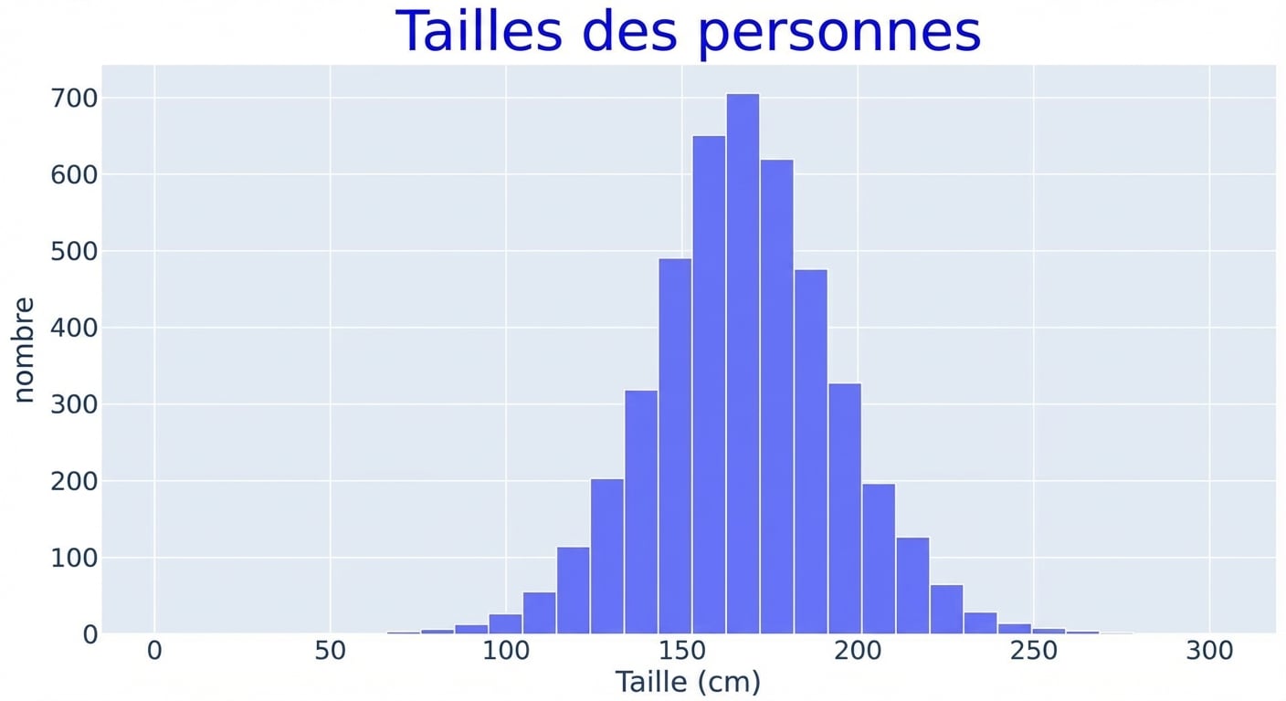 Un histogramme des tailles, avec les tailles en abscisse et le nombre d’observations en ordonnée. Queue étroite de chaque côté d’une forte masse centrale.
