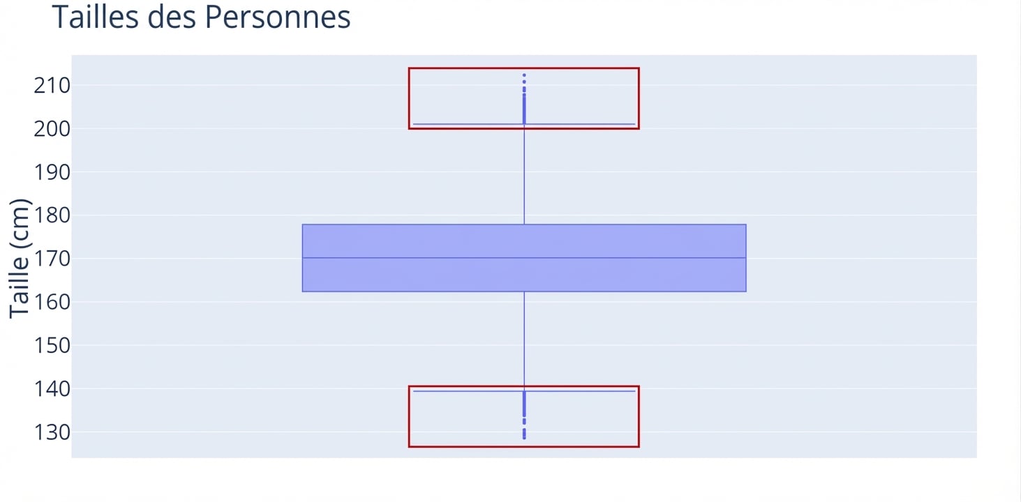 Un boîte à moustaches des tailles de personnes. Les tailles, en centimètres, sont sur l’axe des y. Un contour rouge entoure les valeurs aberrantes, les points, sur le boxplot.