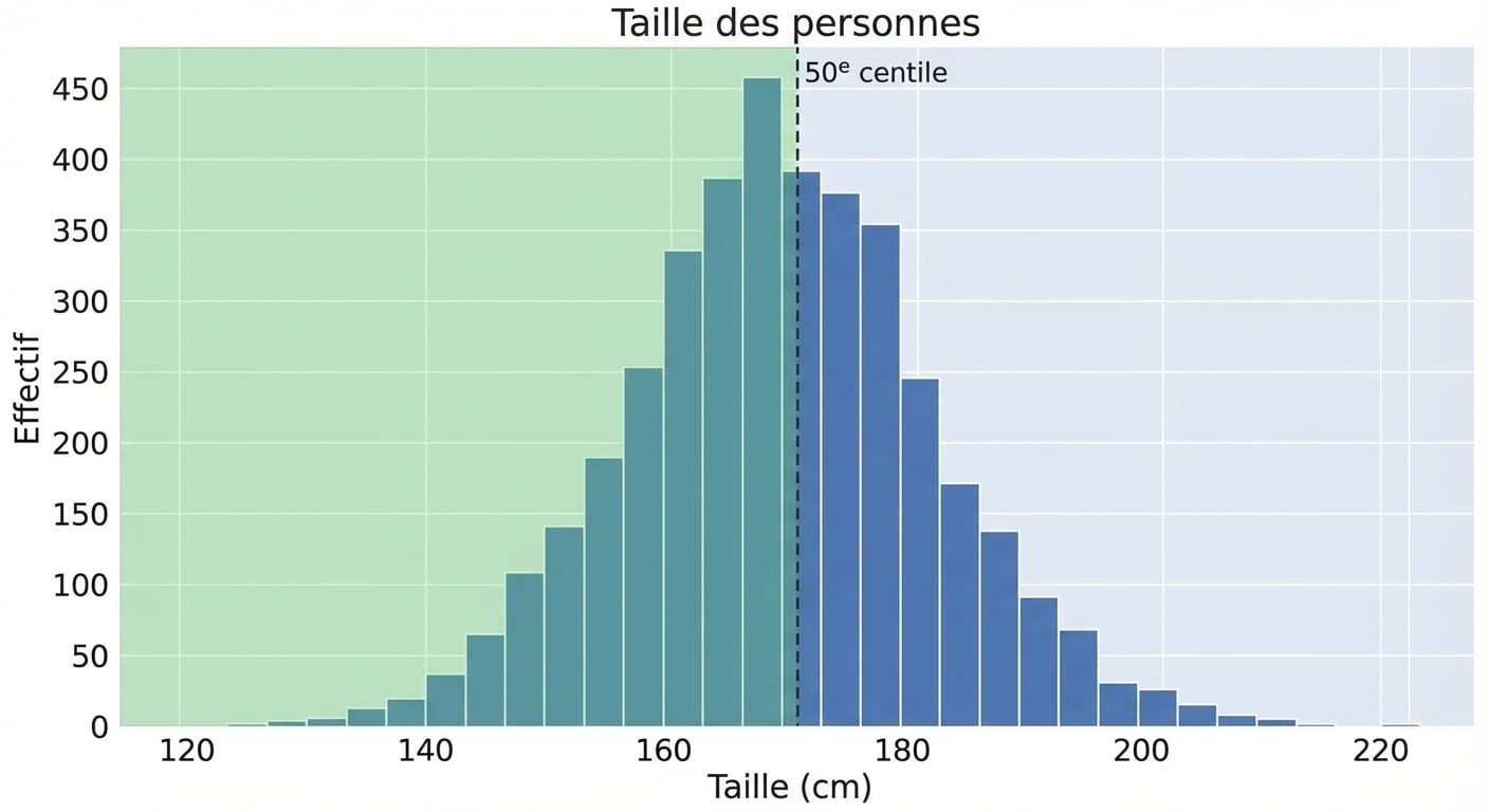 Un histogramme des tailles, avec les tailles en abscisse et le nombre d’observations en ordonnée. Une zone verte du centre vers la gauche représente le 50e centile.
