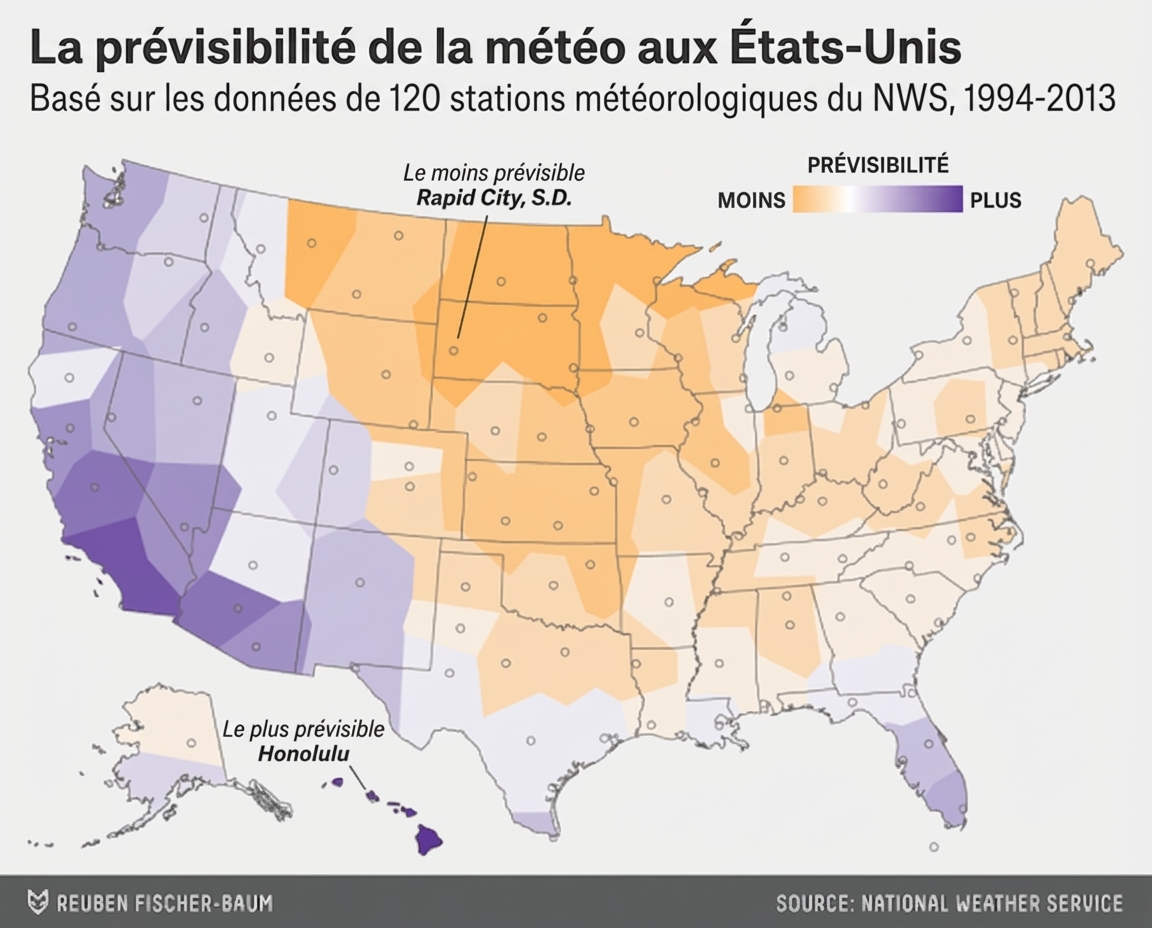 Une carte météo, avec des couleurs indiquant le degré de prévisibilité des régions.