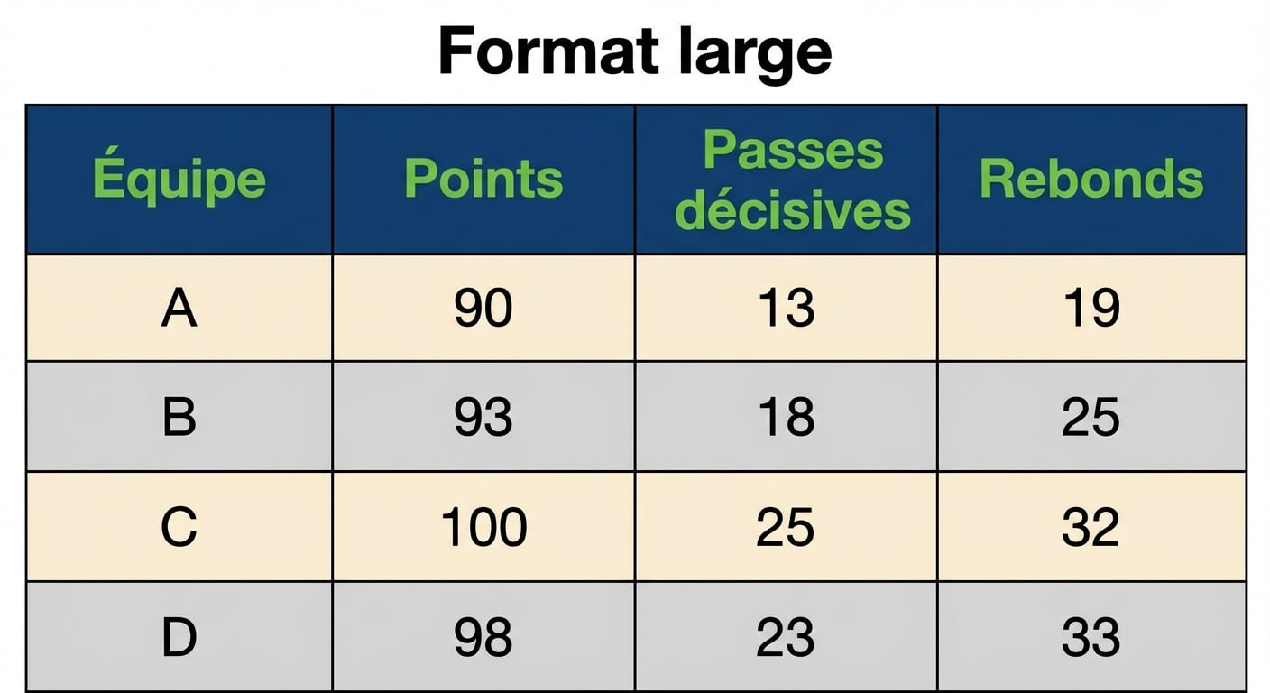 Ensemble de données volumineux contenant une colonne catégorielle : Équipe, et trois colonnes numériques : Points, passes décisives et rebonds.
