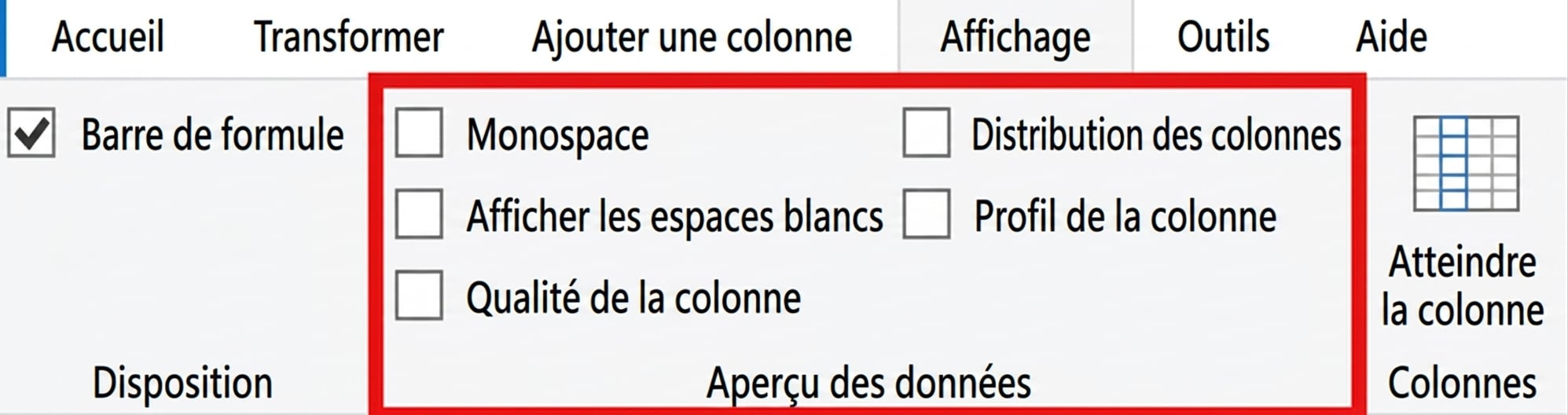 Une capture d’écran de Power Query montrant l’onglet Affichage sélectionné et mettant en évidence les fonctionnalités d’aperçu des données