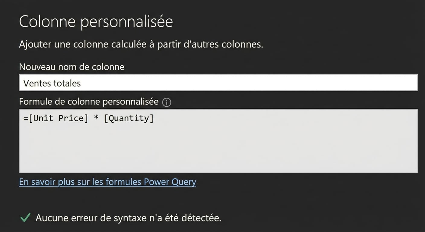 Capture d'écran de la fenêtre des colonnes personnalisées dans Power Query, illustrant un exemple d'utilisation de l'opérande de multiplication pour calculer le total des ventes