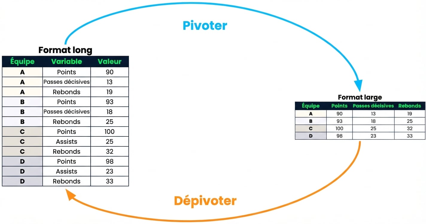 Deux ensembles de données, l'un avec une structure longue, l'autre avec une structure large. L'ensemble de données long est relié à l'ensemble de données large par une flèche intitulée « pivot », tandis que l'ensemble de données large est relié à l'ensemble de données long par une flèche intitulée « unpivot ».