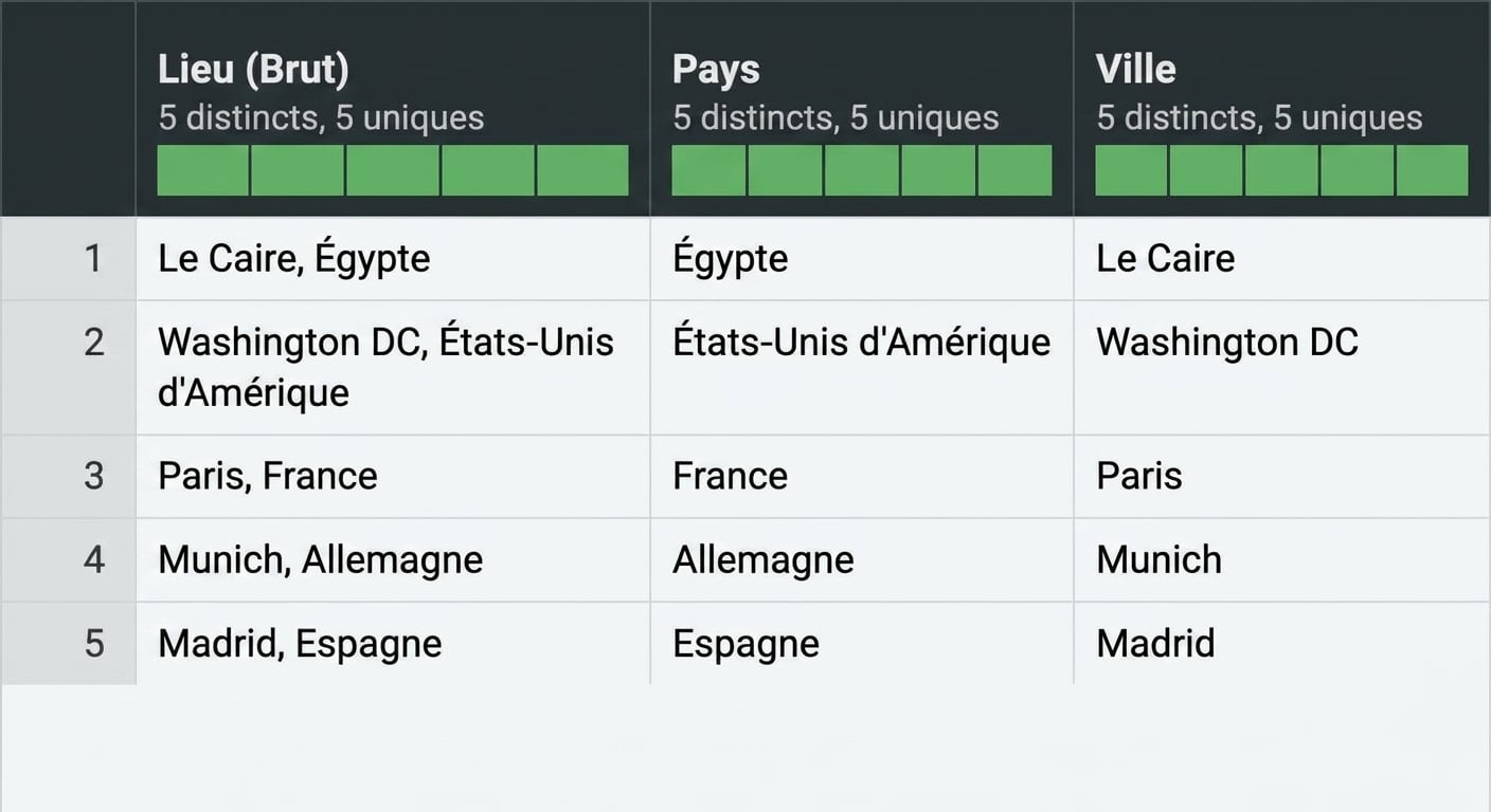 Une capture d'écran de Power Query montrant une table avec trois colonnes, l'une contenant plusieurs informations, et deux colonnes dérivées de cette colonne, chacune représentant une information.
