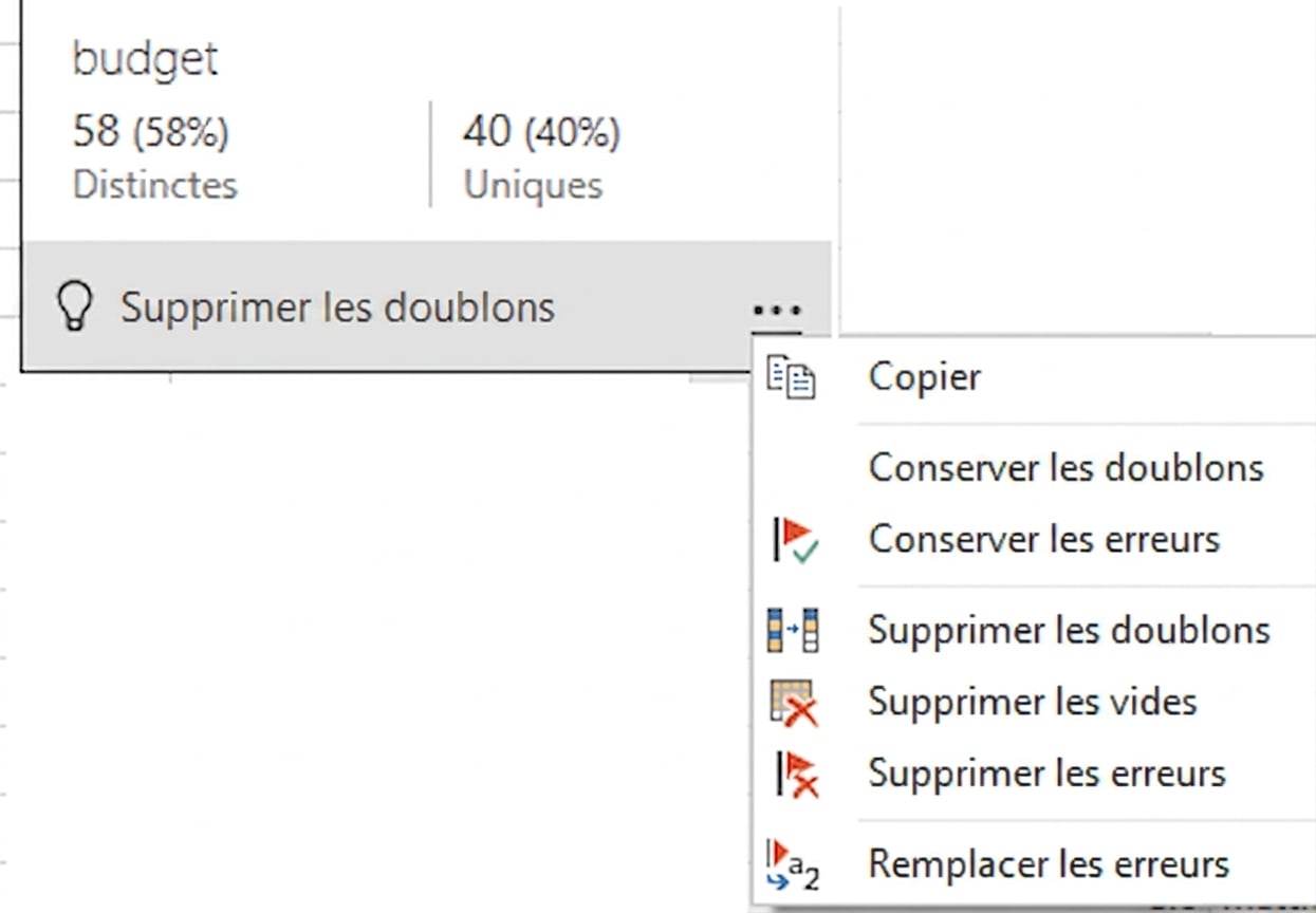 Capture d’écran du menu contextuel qui apparaît après avoir survolé la fonctionnalité de qualité de colonne