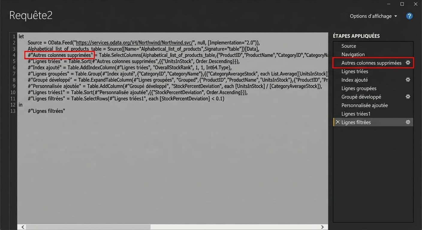Capture d'écran de l'éditeur avancé à côté du volet des étapes Power Query appliquées. Les étapes de l'Advanced Editor sont directement liées aux étapes appliquées.