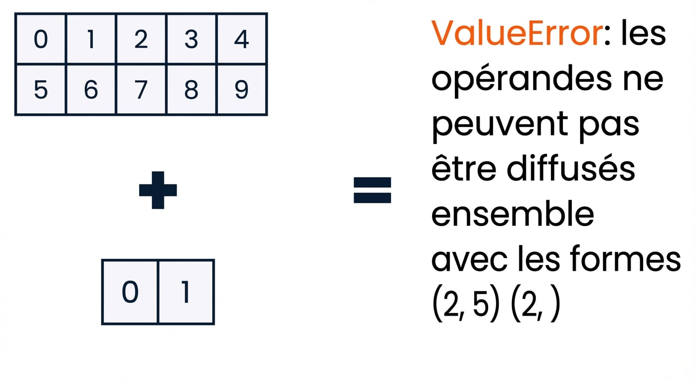 Un schéma montrant que l’addition d’un tableau de forme (2, 5) avec un de forme (2,) génère une ValueError.