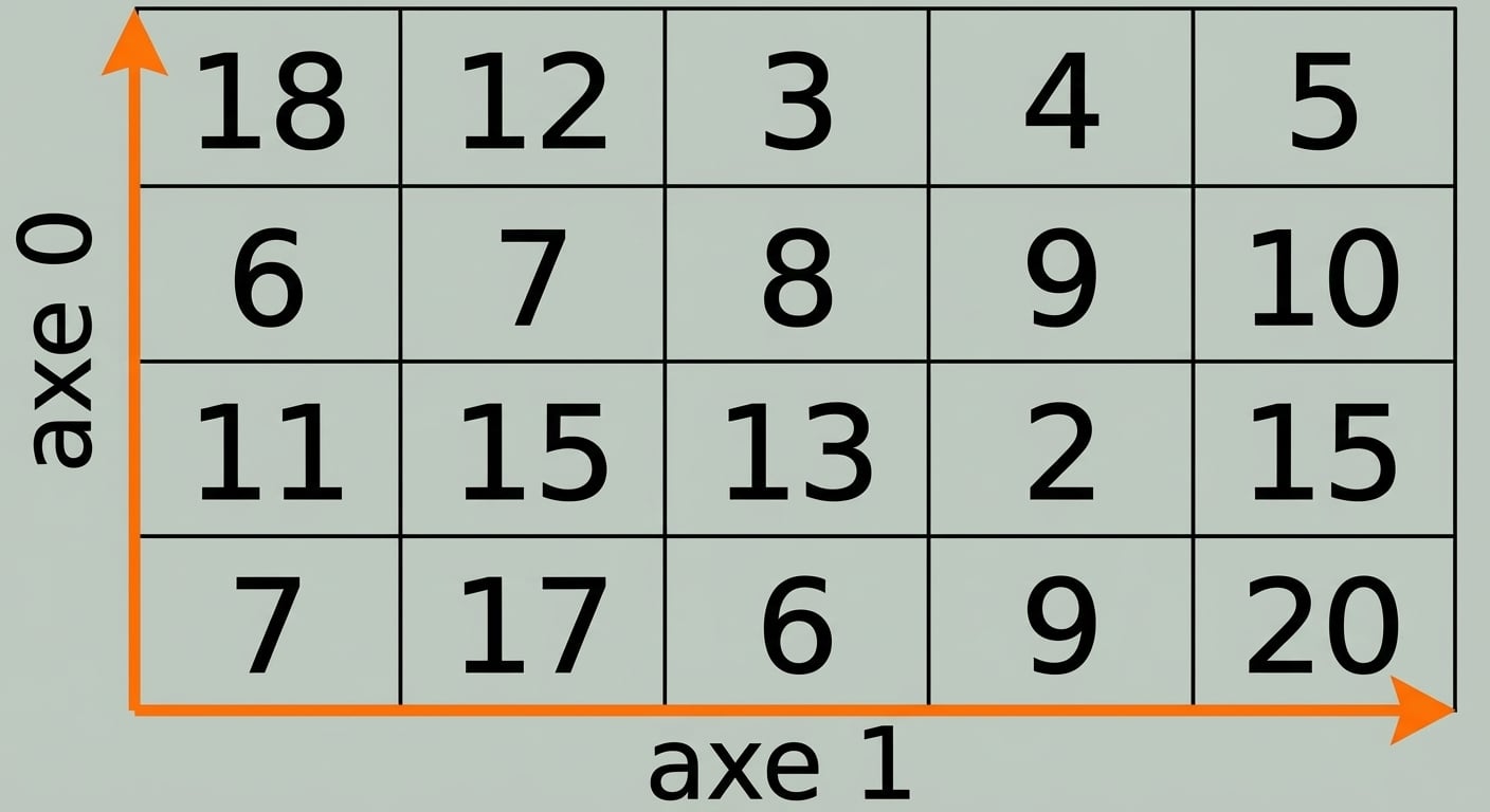 Graphique montrant que l’axe 0 suit les lignes et l’axe 1 suit les colonnes