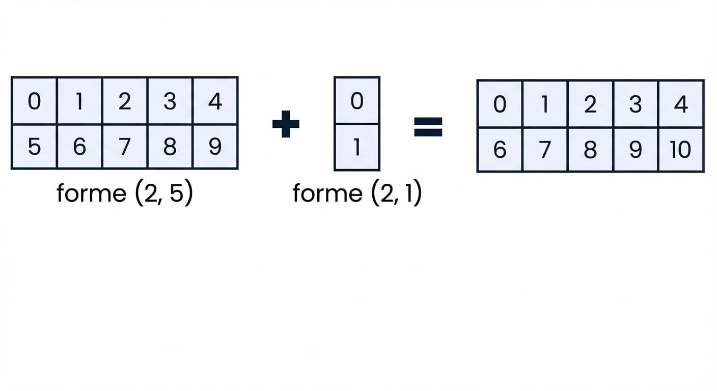 Schéma montrant l’addition d’un tableau de forme (2, 5) et d’un de forme (2, 1)