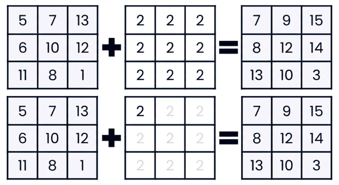 Image montrant un tableau 2D additionné à un tableau de mêmes dimensions rempli de deux