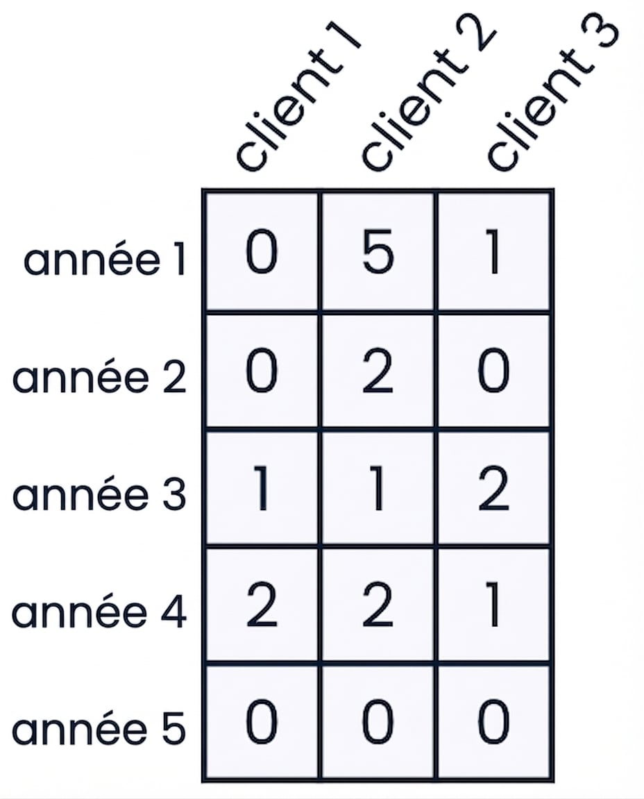 Un graphique du tableau security_breaches, avec les lignes = années et les colonnes = clients