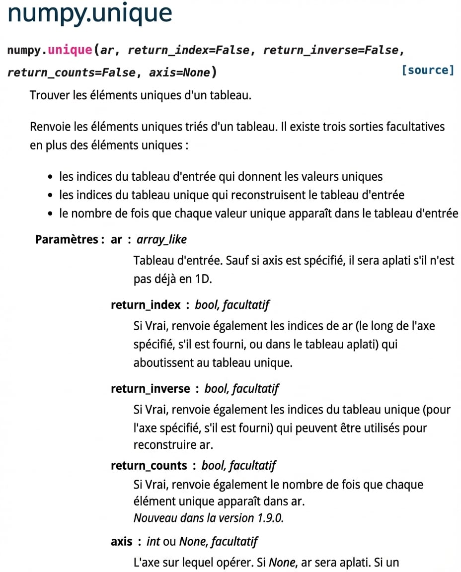 Capture d’écran de la documentation numpy.org pour np.unique()
