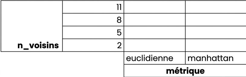 grille de valeurs potentielles de n voisins de 2 à 11 par incréments de 3, et options de métrique euclidienne ou de manhattan