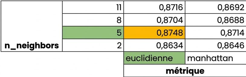 5 voisins et la métrique euclidienne mis en évidence, avec un score de 0,8748