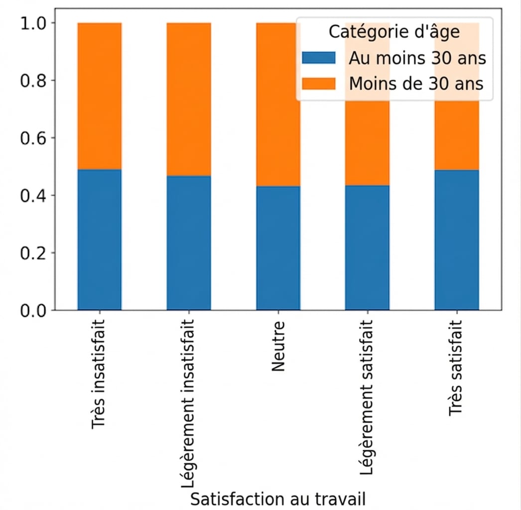 Histogramme empilé proportionnel de la satisfaction au travail rempli par catégorie d’âge