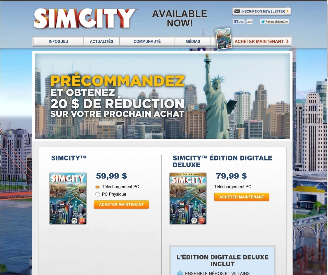 Page SimCity avec bannière « précommandez et obtenez 20 $ de réduction sur votre prochain achat »
