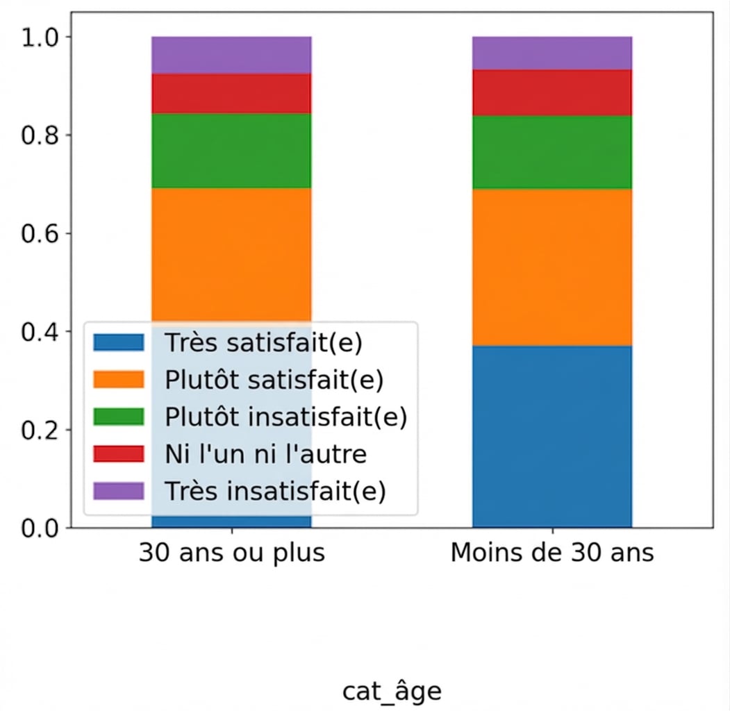 Histogramme empilé proportionnel de la catégorie d’âge rempli par satisfaction au travail