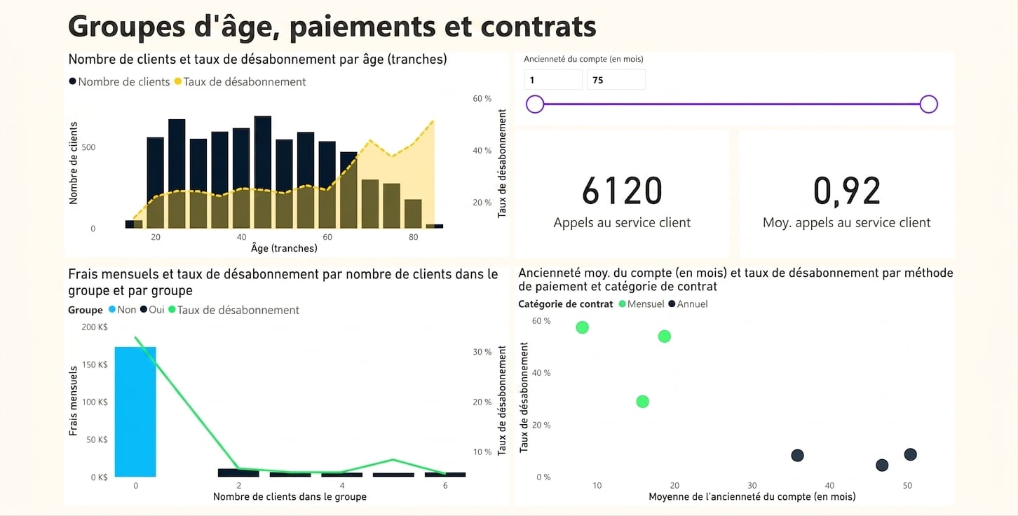 Page du rapport sur les tranches d'âge, les paiements et les contrats