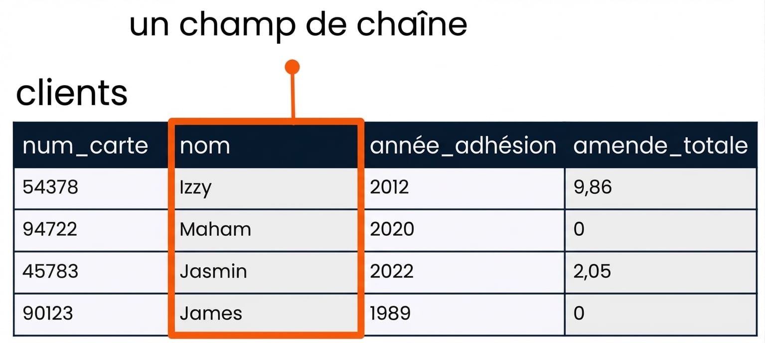 le tableau des clients avec le champ nom mis en évidence à titre d'exemple de champ chaîne