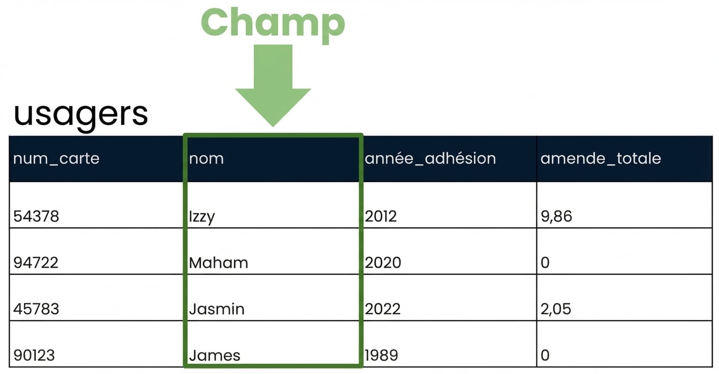 le tableau des clients avec un seul champ mis en évidence