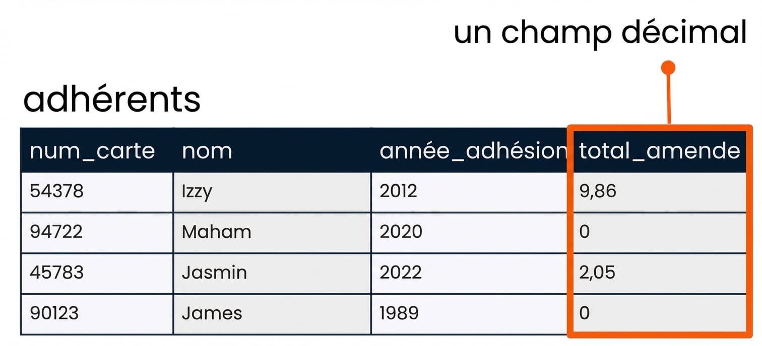 le tableau des clients avec le champ total_fine mis en évidence à titre d'exemple de champ flottant