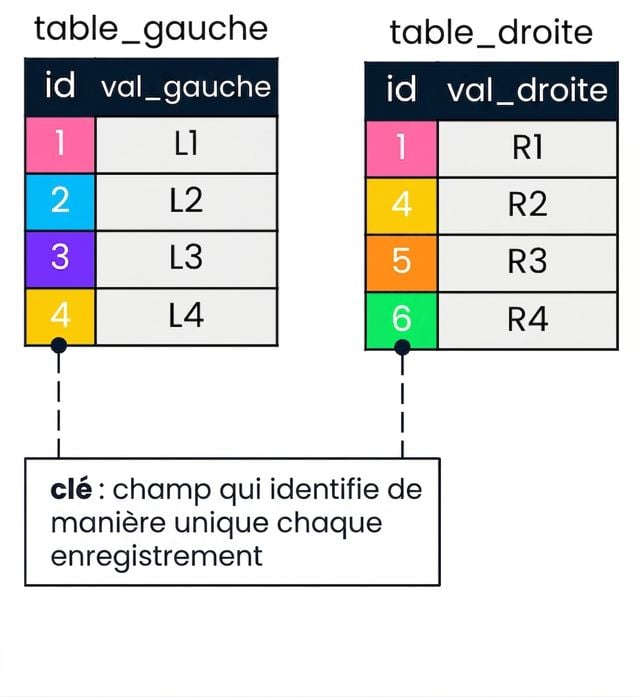 Un diagramme représentant deux tables : la table de gauche et la table de droite. Les valeurs correspondantes du champ id dans les tables de gauche et de droite sont affichées dans les mêmes couleurs.