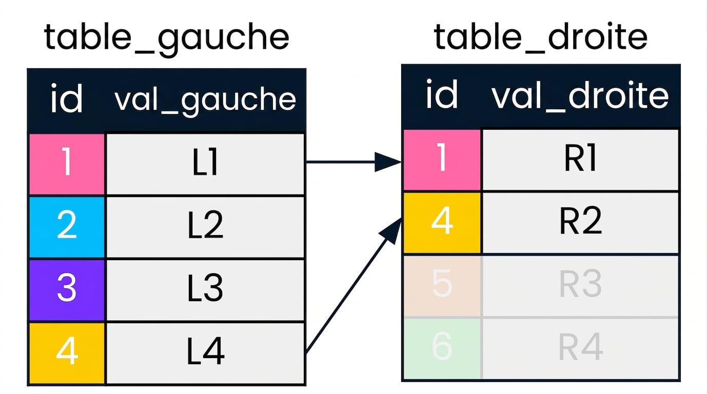 Un diagramme montrant deux tables, la table de gauche et la table de droite, avec des flèches pointant vers les enregistrements qui correspondent dans la colonne id des deux tables. Les enregistrements sans intérêt pour la jointure gauche ont été grisés.