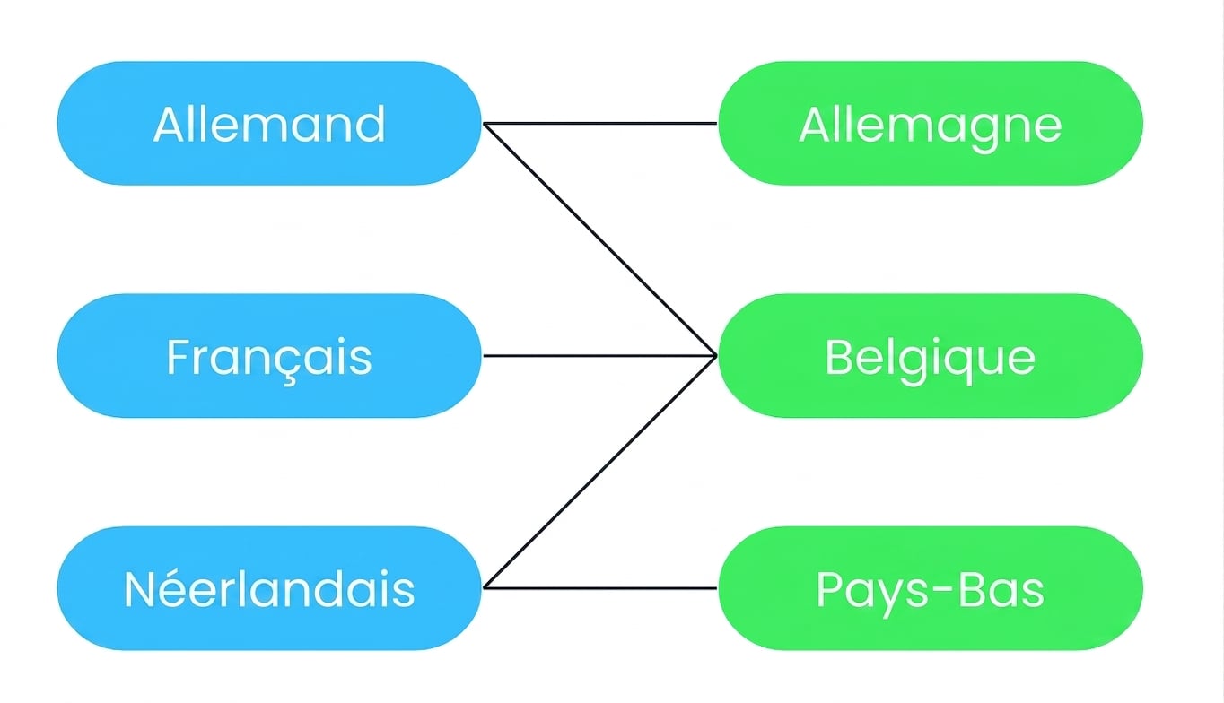 Un diagramme montrant que de nombreuses langues peuvent être associées à de nombreux pays, et que de nombreux pays peuvent être associés à une langue. La Belgique a trois langues officielles : le français, l’allemand et le néerlandais. Inversement, plusieurs pays peuvent avoir une langue officielle en commun : le néerlandais est une langue officielle des Pays-Bas et de la Belgique, mais pas de l’Allemagne.