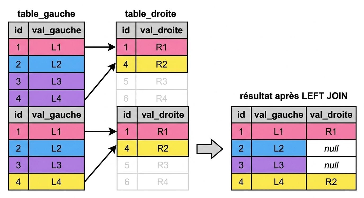 Un diagramme montrant deux tables, la table de gauche et la table de droite, et l’ensemble de résultats après l’exécution d’une jointure gauche sur ces tables. Les enregistrements sans intérêt pour la jointure gauche ont été floutés.
