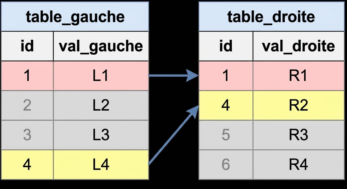Un diagramme montrant deux tables : left_table et right_table. Les valeurs correspondantes du champ id dans les tables de gauche et de droite sont affichées dans les mêmes couleurs et reliées par des flèches. Les enregistrements sans intérêt pour la jointure interne ont été floutés.
