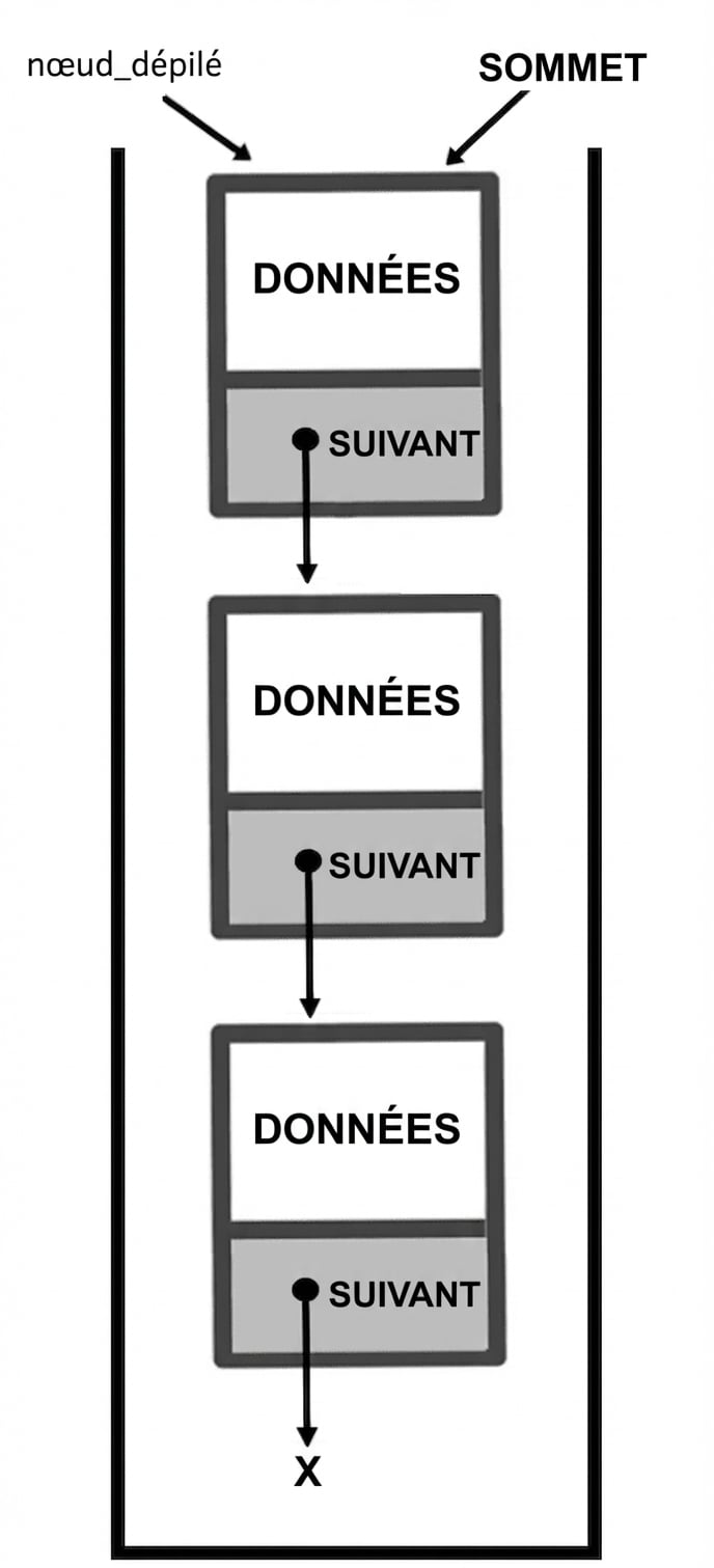 Pile avec « popped_node » pointant le nœud en haut.