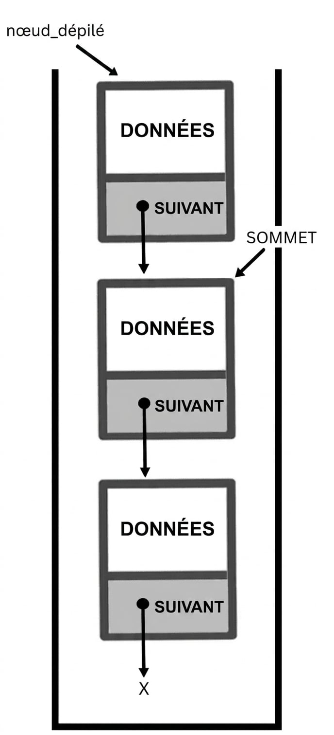 Pile avec « popped_node » pointant le nœud du haut et « TOP » pointant le deuxième nœud.