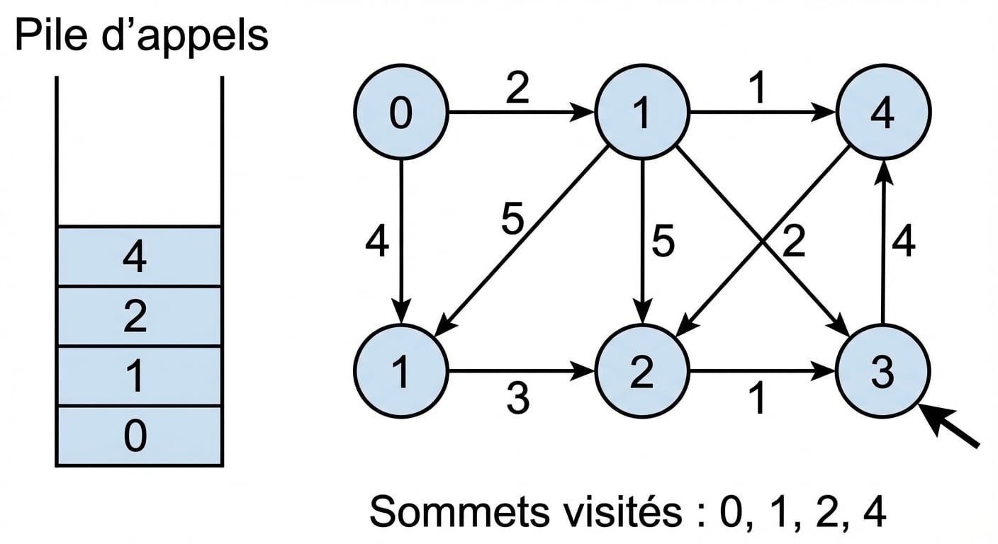 Représentation graphique d’un parcours en profondeur sur un graphe.