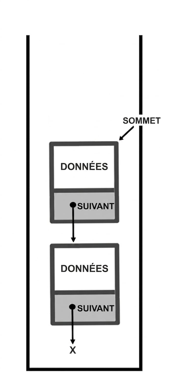 Pile avec le mot « TOP » pointant le nœud du sommet.