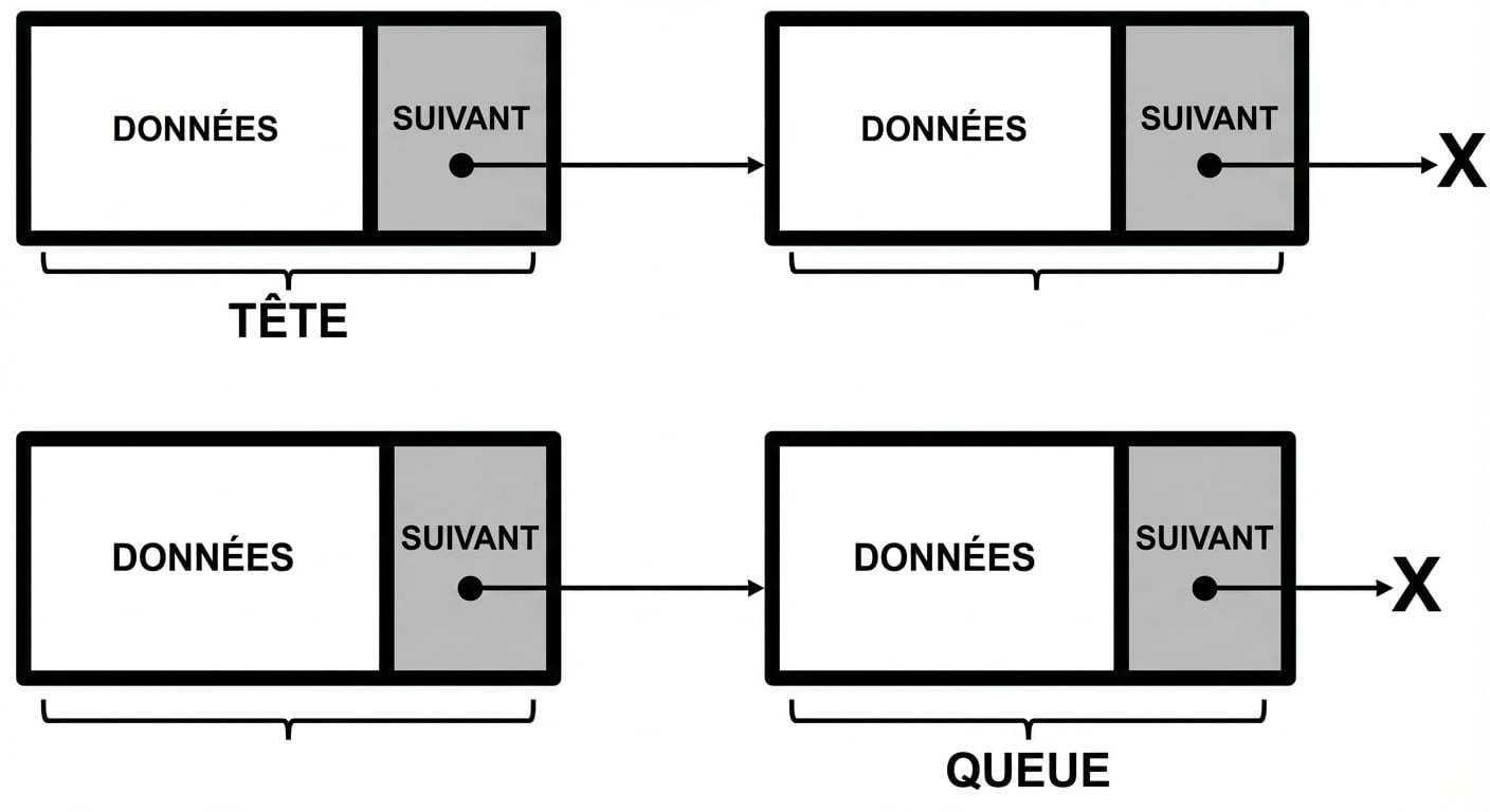 Représentation d’une liste chaînée avec le mot « TAIL » dans le dernier nœud.